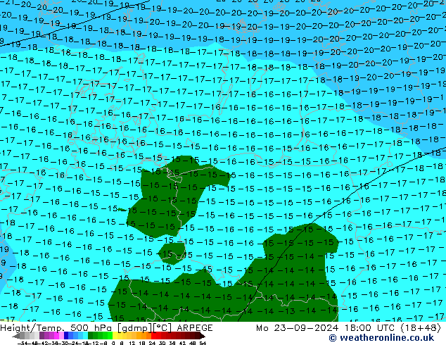 Height/Temp. 500 hPa ARPEGE Mo 23.09.2024 18 UTC