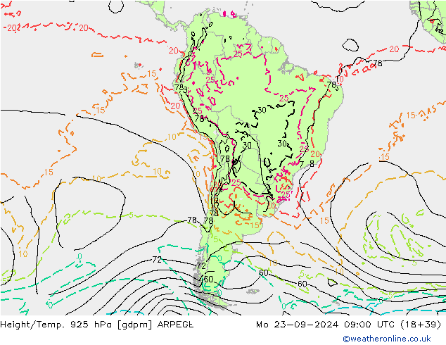 Height/Temp. 925 hPa ARPEGE Mo 23.09.2024 09 UTC