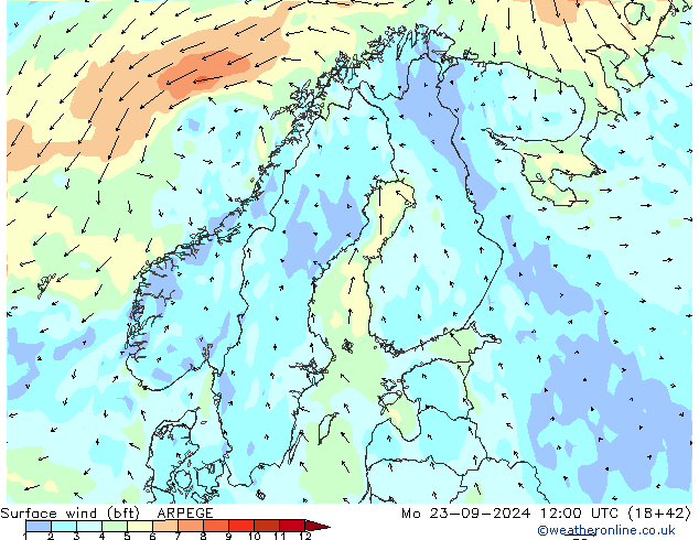 Bodenwind (bft) ARPEGE Mo 23.09.2024 12 UTC