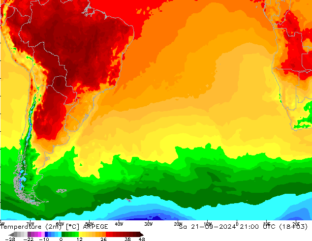 Temperature (2m) ARPEGE Sa 21.09.2024 21 UTC