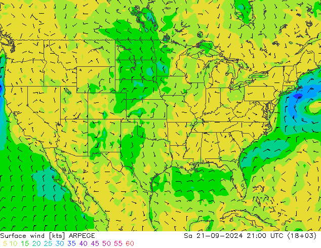 Rüzgar 10 m ARPEGE Cts 21.09.2024 21 UTC