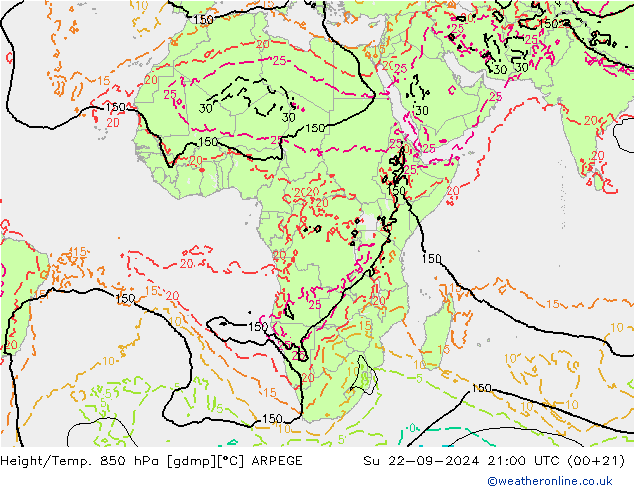 Height/Temp. 850 hPa ARPEGE Su 22.09.2024 21 UTC