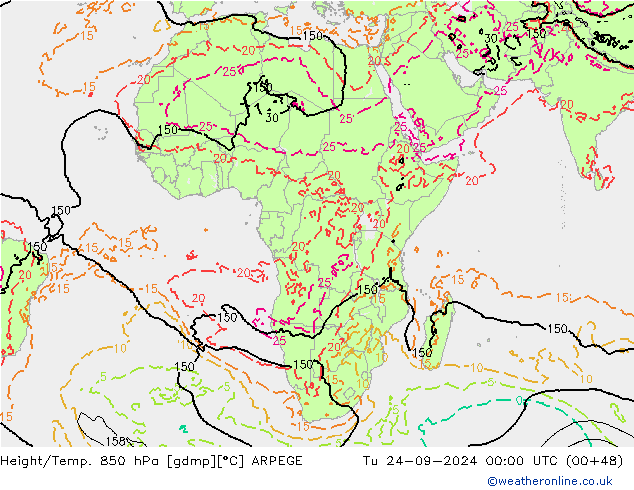 Hoogte/Temp. 850 hPa ARPEGE di 24.09.2024 00 UTC