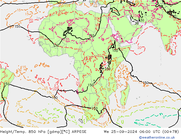 Height/Temp. 850 hPa ARPEGE We 25.09.2024 06 UTC