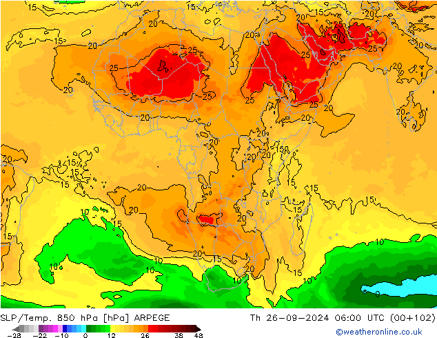 SLP/Temp. 850 hPa ARPEGE Qui 26.09.2024 06 UTC