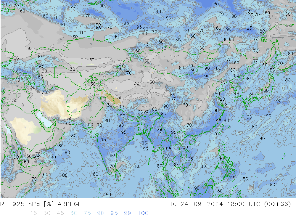 RH 925 hPa ARPEGE Út 24.09.2024 18 UTC