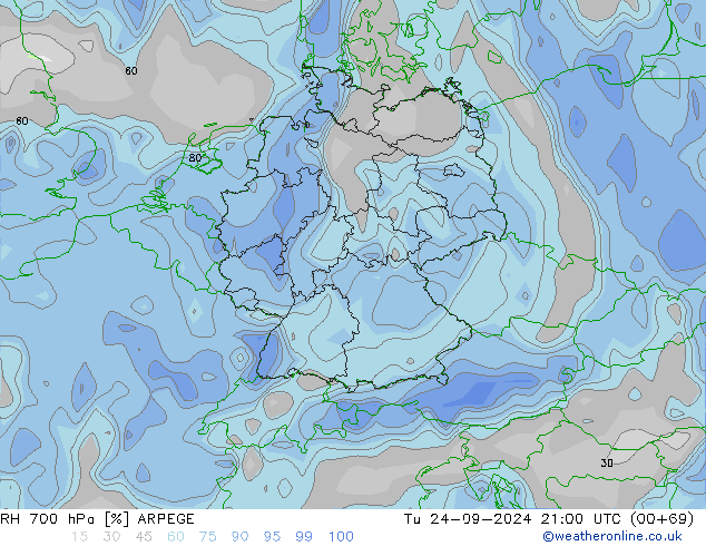 RH 700 hPa ARPEGE Tu 24.09.2024 21 UTC