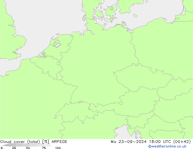 Cloud cover (total) ARPEGE Mo 23.09.2024 18 UTC