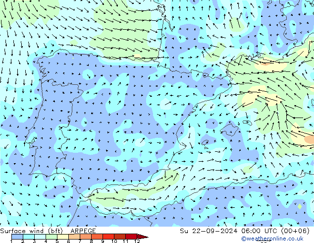 Surface wind (bft) ARPEGE Su 22.09.2024 06 UTC