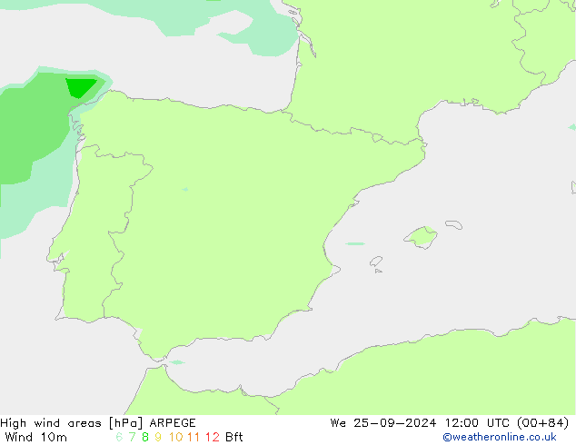 High wind areas ARPEGE mer 25.09.2024 12 UTC