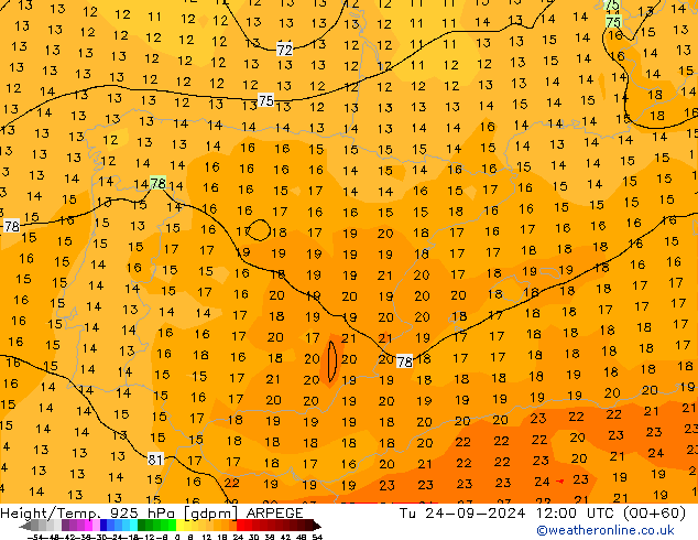 Hoogte/Temp. 925 hPa ARPEGE di 24.09.2024 12 UTC