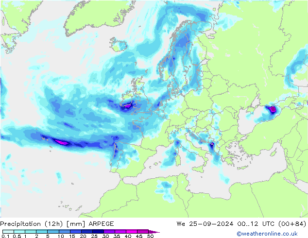 Totale neerslag (12h) ARPEGE wo 25.09.2024 12 UTC