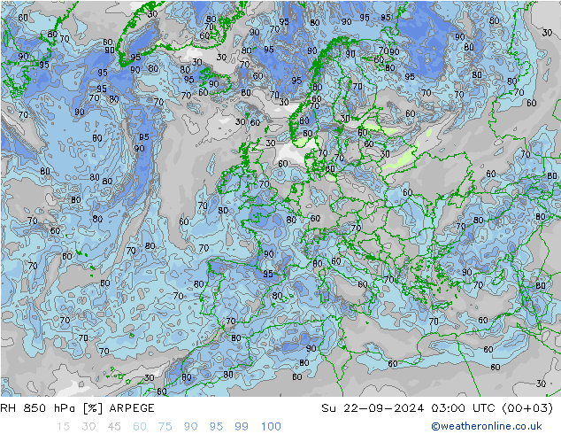 RH 850 hPa ARPEGE 星期日 22.09.2024 03 UTC