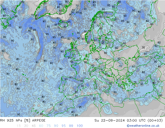 RH 925 гПа ARPEGE Вс 22.09.2024 03 UTC