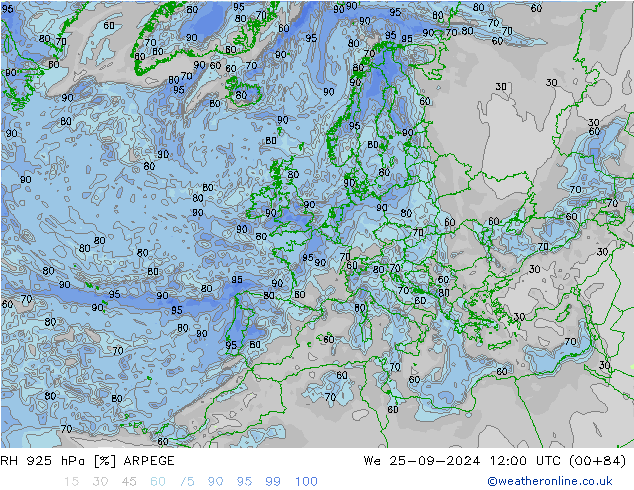 RH 925 гПа ARPEGE ср 25.09.2024 12 UTC