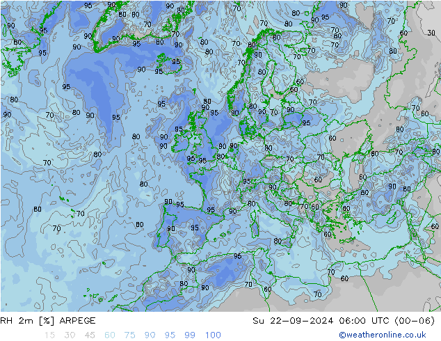 RH 2m ARPEGE 星期日 22.09.2024 06 UTC