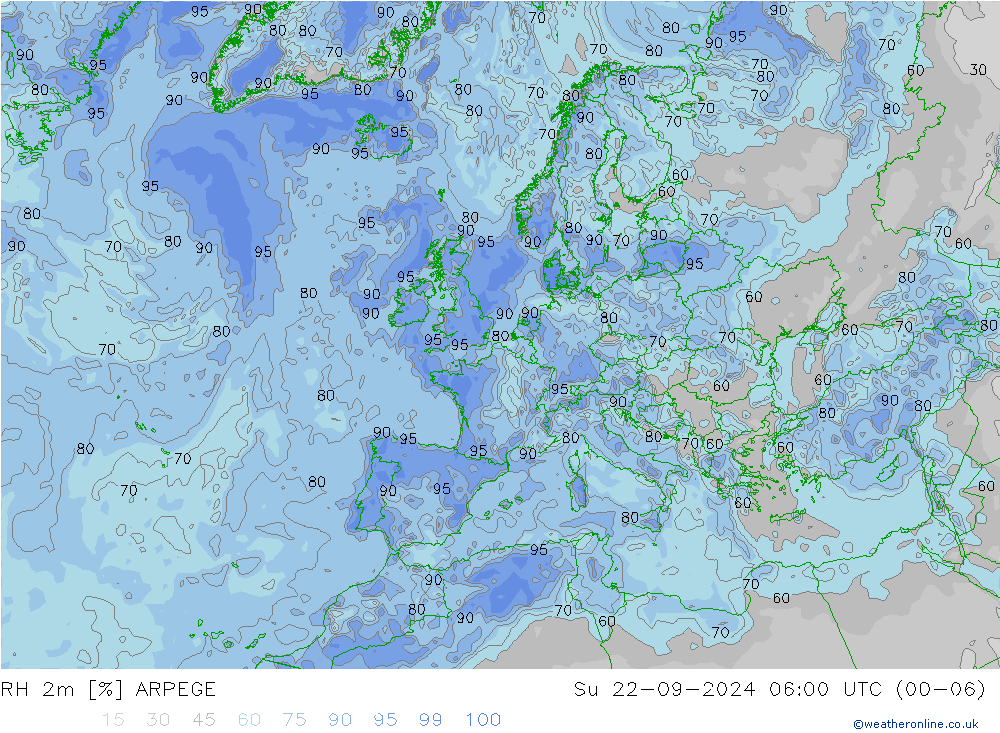 Humedad rel. 2m ARPEGE dom 22.09.2024 06 UTC