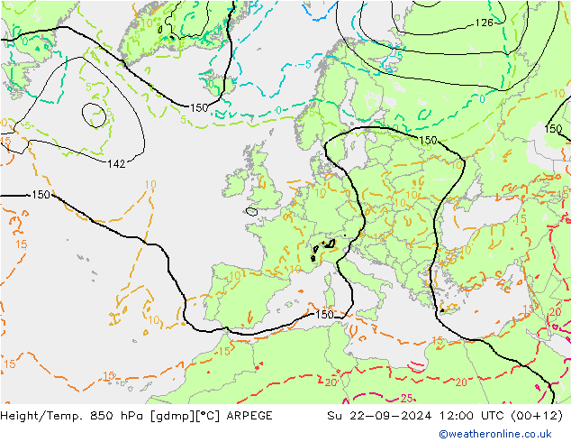 Height/Temp. 850 hPa ARPEGE 星期日 22.09.2024 12 UTC