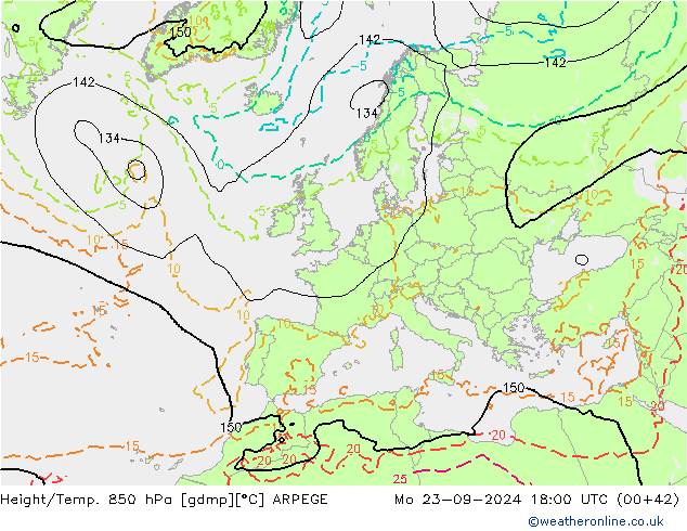 Height/Temp. 850 hPa ARPEGE lun 23.09.2024 18 UTC