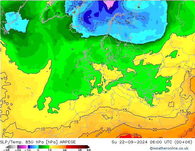 SLP/Temp. 850 hPa ARPEGE dom 22.09.2024 06 UTC