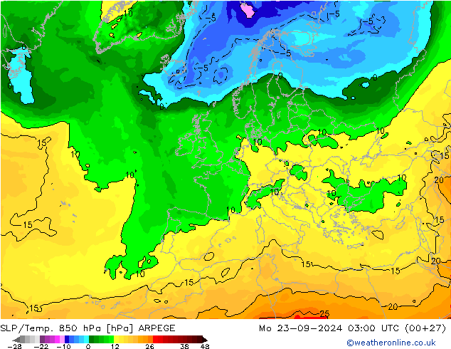 SLP/Temp. 850 hPa ARPEGE Mo 23.09.2024 03 UTC