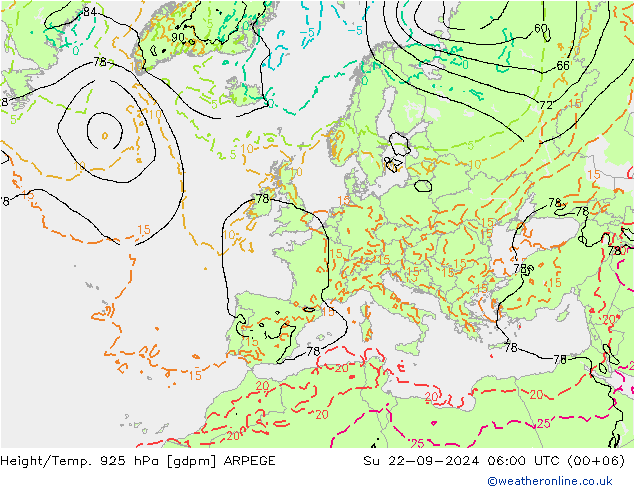 Height/Temp. 925 hPa ARPEGE 星期日 22.09.2024 06 UTC