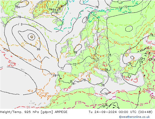 Height/Temp. 925 hPa ARPEGE Ter 24.09.2024 00 UTC