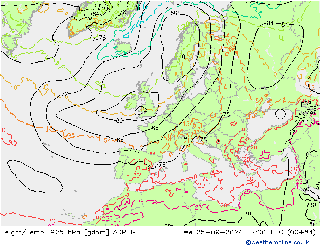 Height/Temp. 925 hPa ARPEGE Qua 25.09.2024 12 UTC