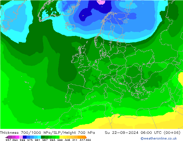 Thck 700-1000 hPa ARPEGE 星期日 22.09.2024 06 UTC