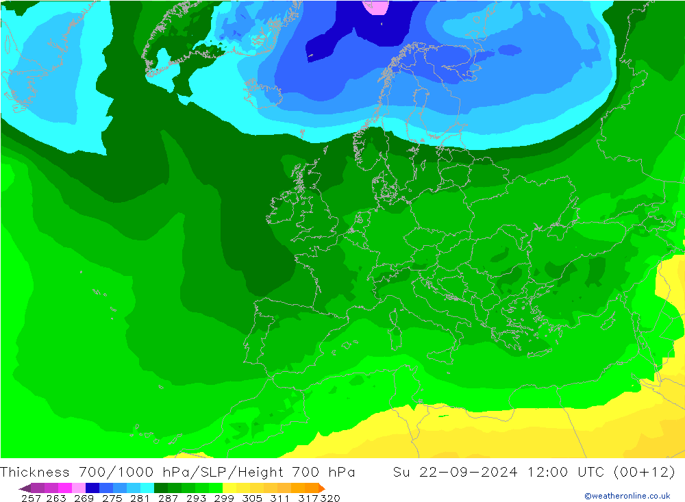 Thck 700-1000 hPa ARPEGE Ne 22.09.2024 12 UTC