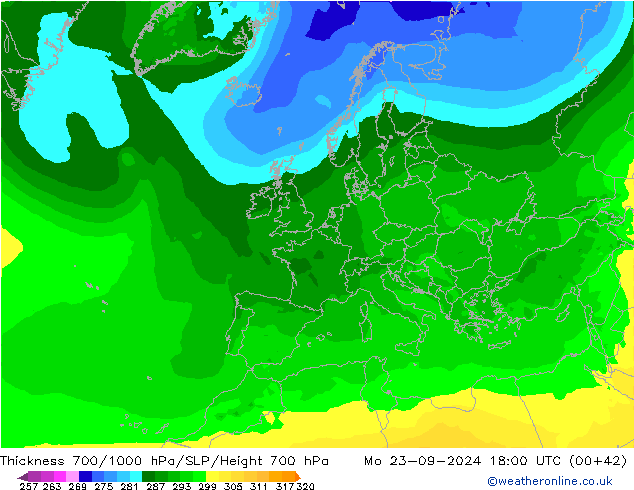 Thck 700-1000 hPa ARPEGE Mo 23.09.2024 18 UTC