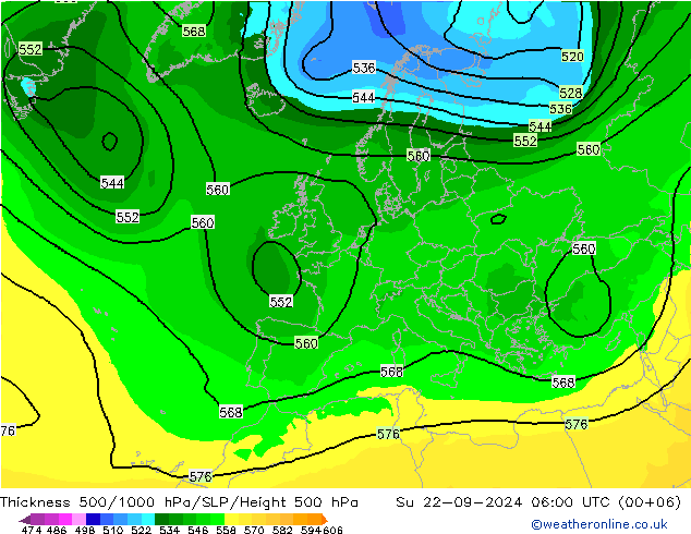 Thck 500-1000hPa ARPEGE 星期日 22.09.2024 06 UTC