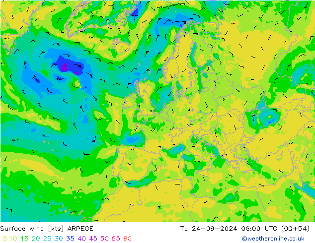 Surface wind ARPEGE Tu 24.09.2024 06 UTC