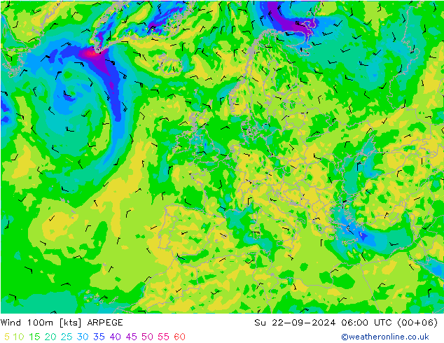 Vento 100m ARPEGE Dom 22.09.2024 06 UTC