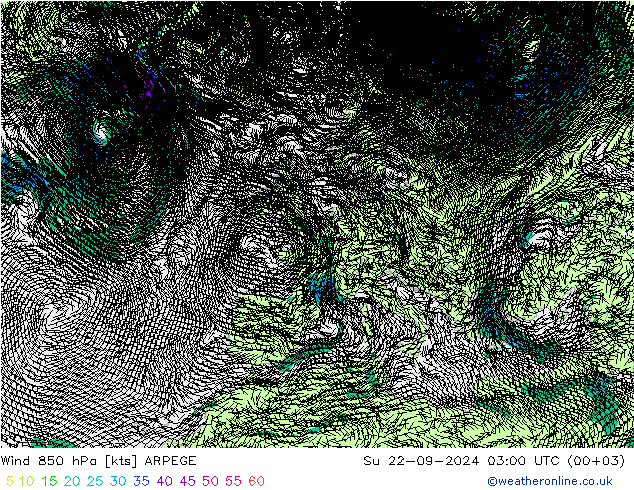 风 850 hPa ARPEGE 星期日 22.09.2024 03 UTC