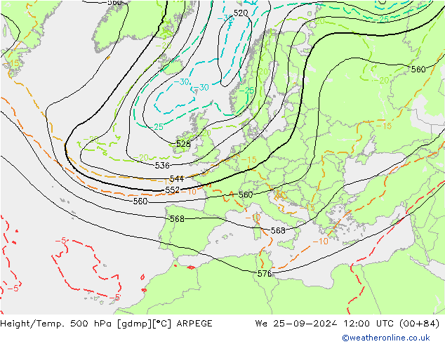 Hoogte/Temp. 500 hPa ARPEGE wo 25.09.2024 12 UTC