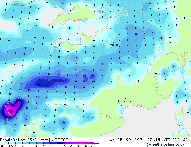 Nied. akkumuliert (6Std) ARPEGE Mi 25.09.2024 18 UTC