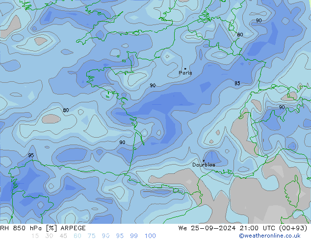 RH 850 hPa ARPEGE mer 25.09.2024 21 UTC