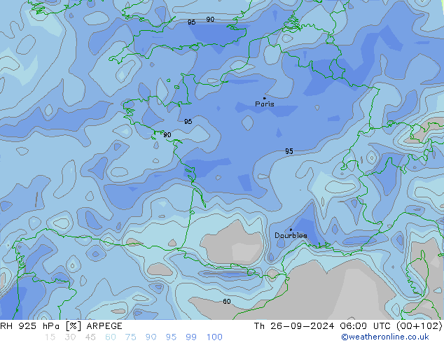 RH 925 hPa ARPEGE Qui 26.09.2024 06 UTC