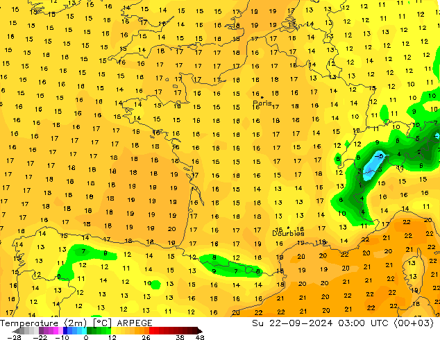 Temperatura (2m) ARPEGE Dom 22.09.2024 03 UTC