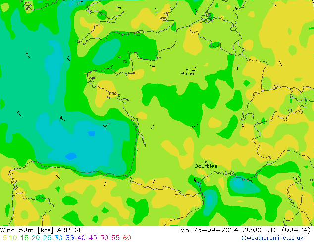 Wind 50m ARPEGE Mo 23.09.2024 00 UTC