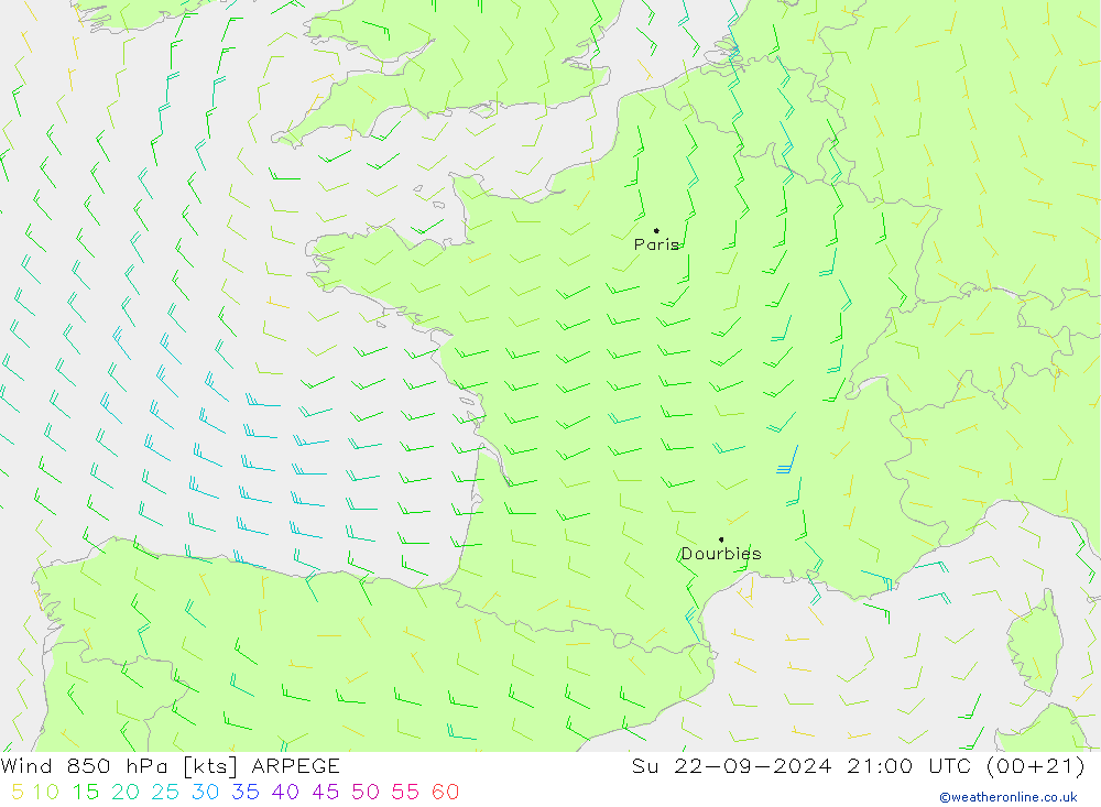 Vento 850 hPa ARPEGE Dom 22.09.2024 21 UTC