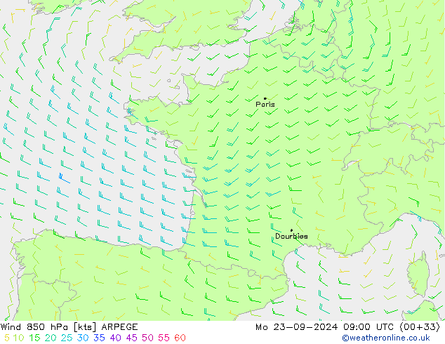 Vento 850 hPa ARPEGE Seg 23.09.2024 09 UTC