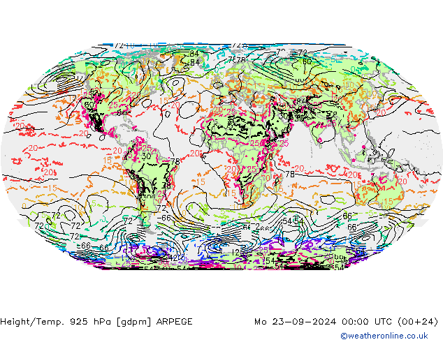 Height/Temp. 925 hPa ARPEGE Mo 23.09.2024 00 UTC