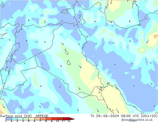 Wind 10 m (bft) ARPEGE do 26.09.2024 06 UTC