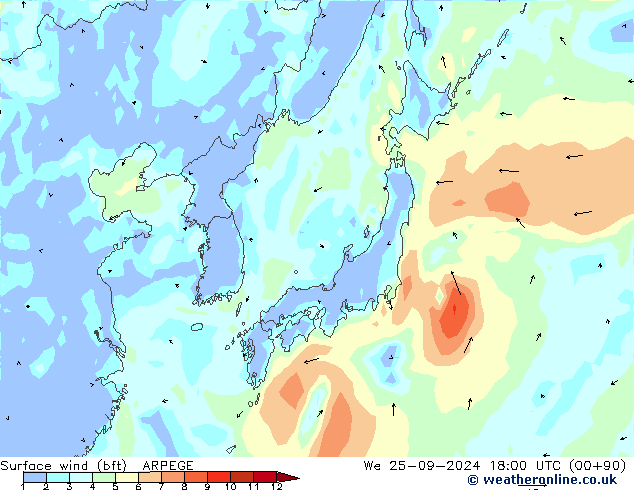 Surface wind (bft) ARPEGE St 25.09.2024 18 UTC