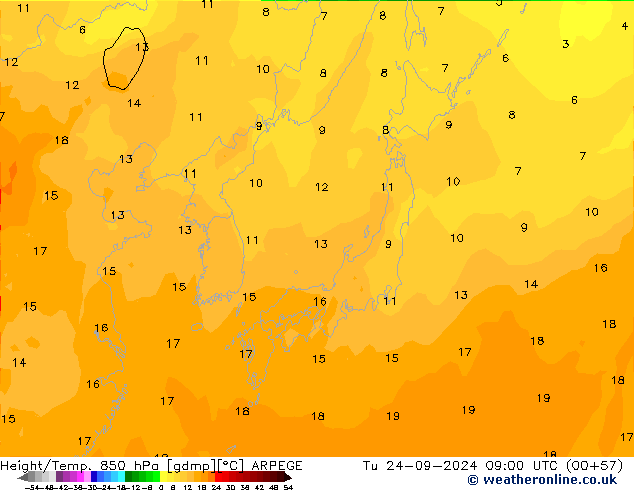 Height/Temp. 850 hPa ARPEGE Ter 24.09.2024 09 UTC