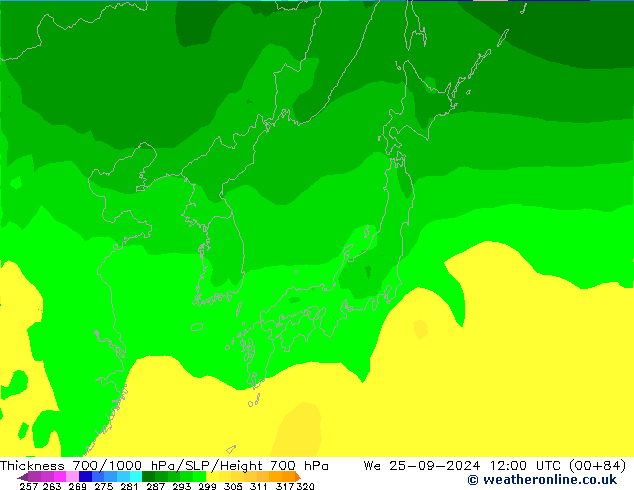 Thck 700-1000 hPa ARPEGE St 25.09.2024 12 UTC