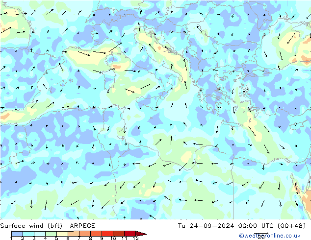 Surface wind (bft) ARPEGE Tu 24.09.2024 00 UTC