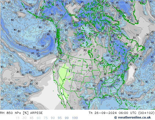 RH 850 hPa ARPEGE Qui 26.09.2024 06 UTC